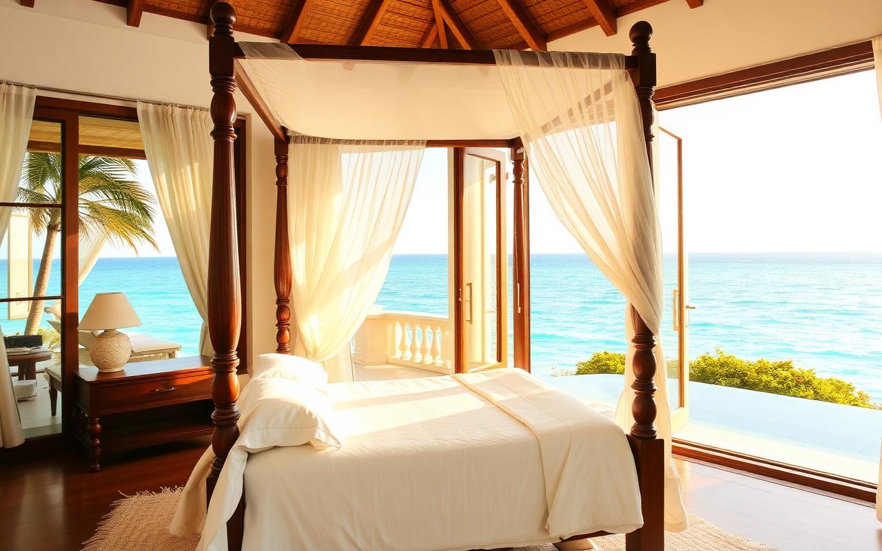 Luxury tropical villa bedroom with ocean view